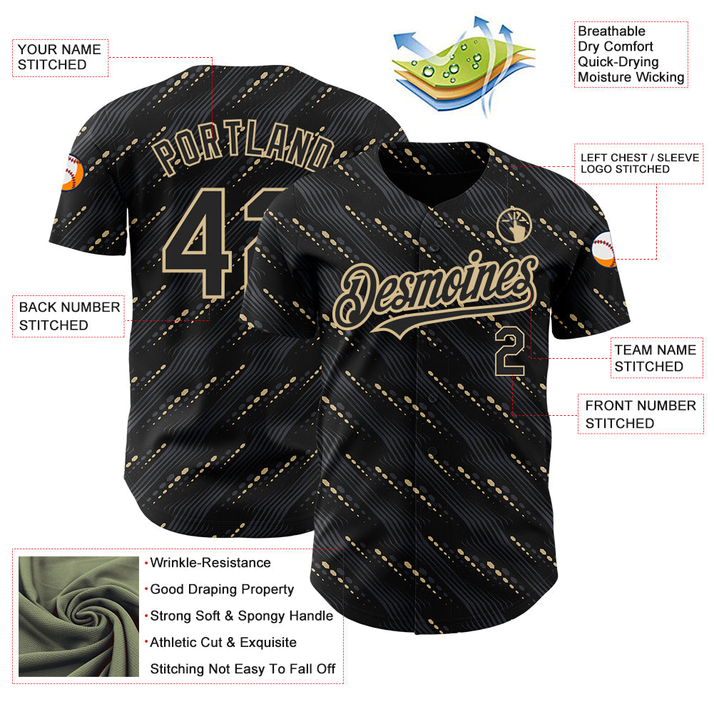 Custom Black Vegas Gold 3D Pattern Design Slant Lines Authentic Baseball Jersey - Sky-Custom