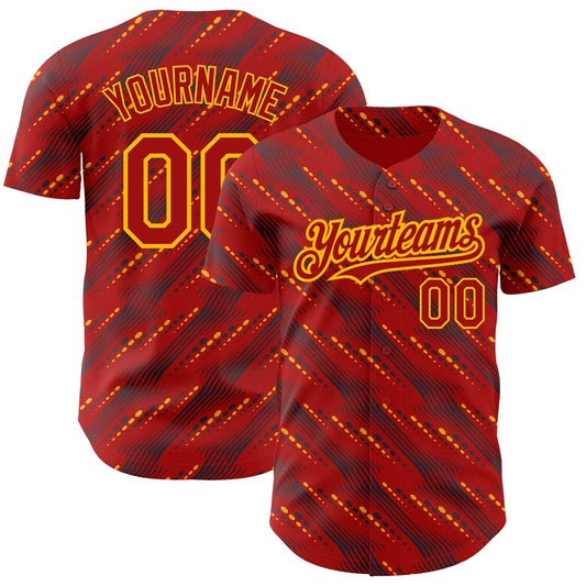 Custom Red Gold 3D Pattern Design Slant Lines Authentic Baseball Jersey - Sky-Custom