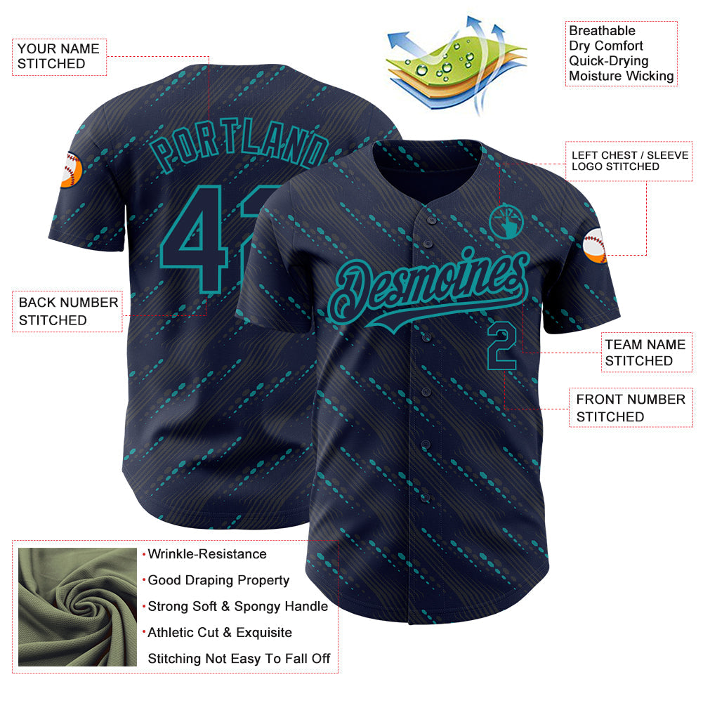 Custom Navy Teal 3D Pattern Design Slant Lines Authentic Baseball Jersey - Sky-Custom