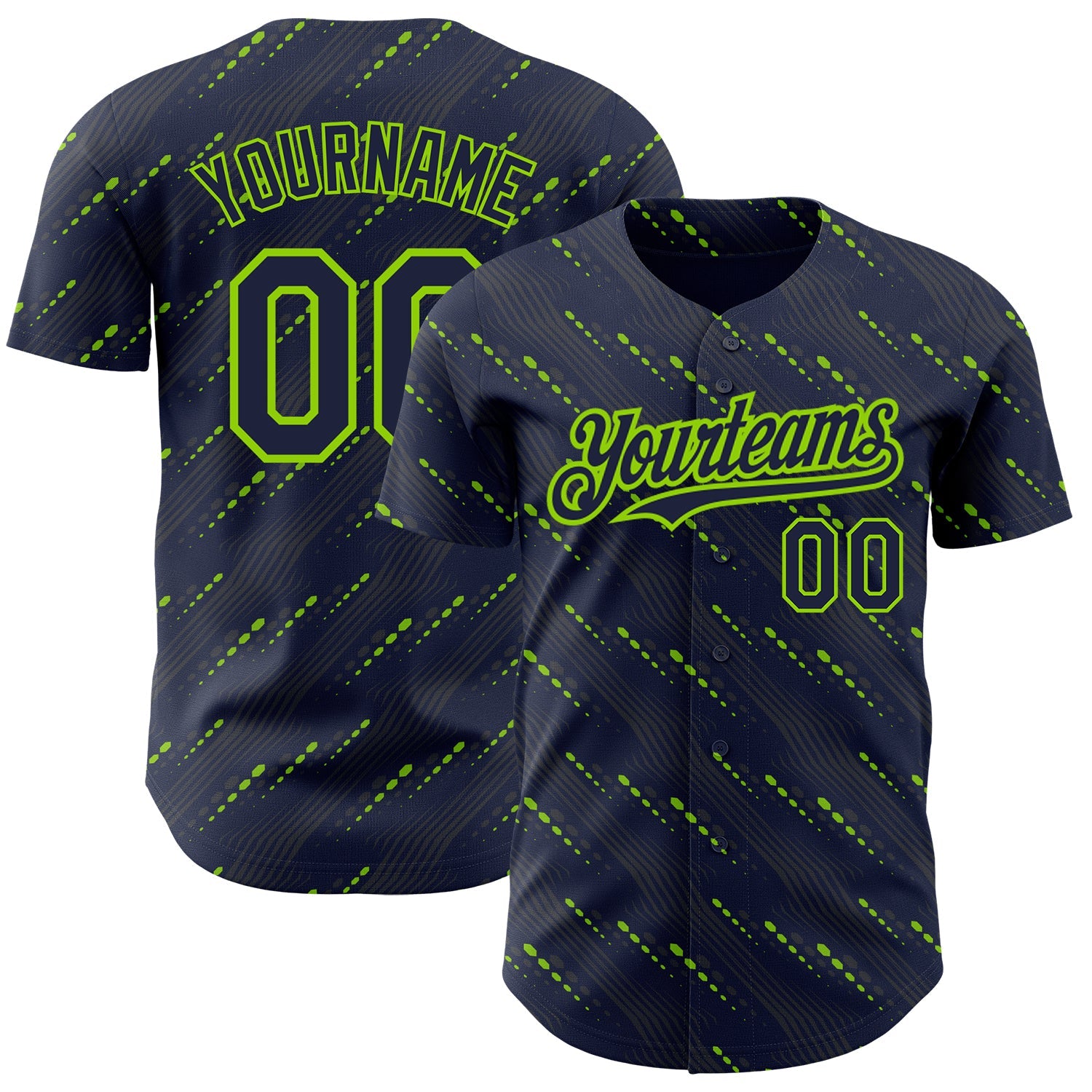 Custom Navy Neon Green 3D Pattern Design Slant Lines Authentic Baseball Jersey - Sky-Custom