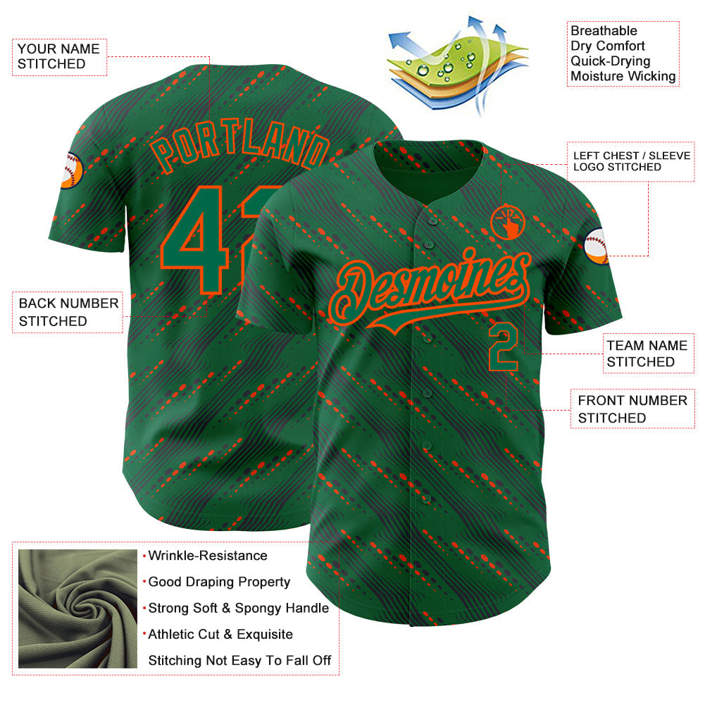 Custom Kelly Green-Orange 3D Pattern Design Slant Lines Authentic Baseball Jersey - Sky-Custom