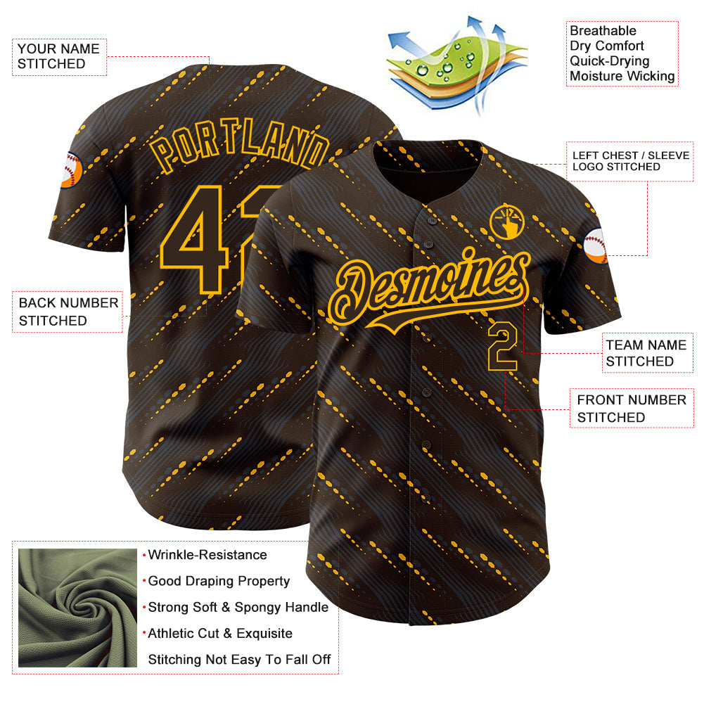 Custom Brown Gold 3D Pattern Design Slant Lines Authentic Baseball Jersey - Sky-Custom