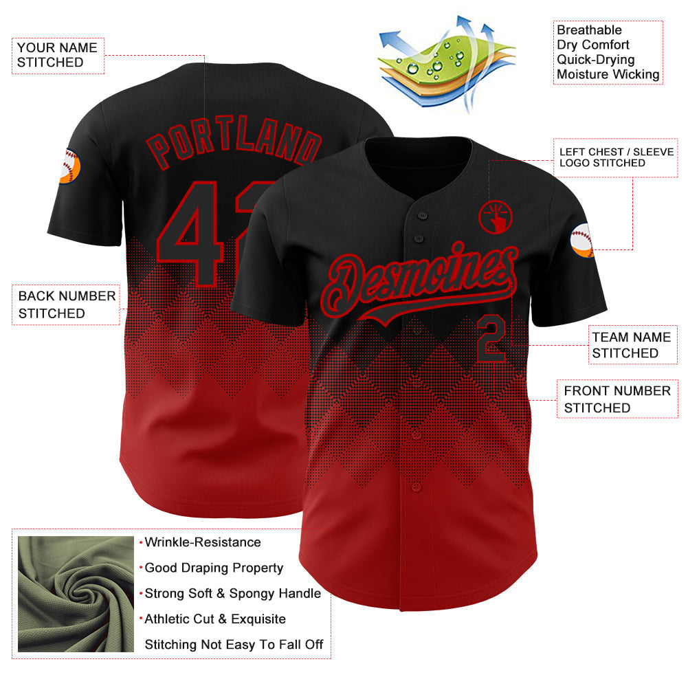 Custom Black Red 3D Pattern Design Gradient Square Shapes Authentic Baseball Jersey - Sky-Custom