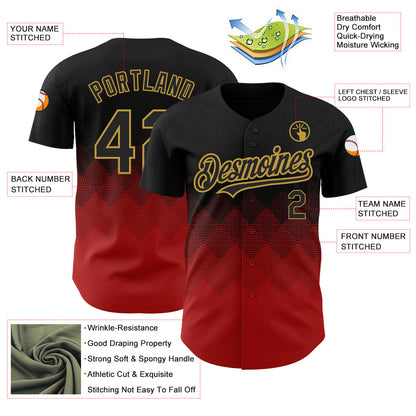 Custom Black Red-Old Gold 3D Pattern Design Gradient Square Shapes Authentic Baseball Jersey - Sky-Custom