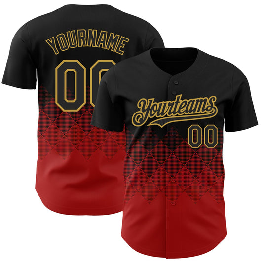 Custom Black Red-Old Gold 3D Pattern Design Gradient Square Shapes Authentic Baseball Jersey - Sky-Custom