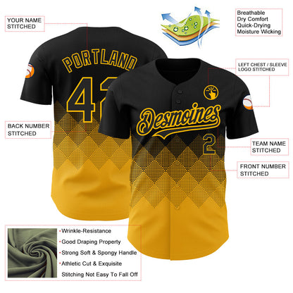 Custom Black Gold 3D Pattern Design Gradient Square Shapes Authentic Baseball Jersey - Sky-Custom