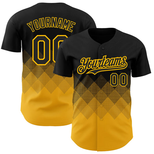 Custom Black Gold 3D Pattern Design Gradient Square Shapes Authentic Baseball Jersey - Sky-Custom