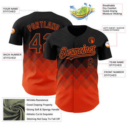 Custom Black Orange 3D Pattern Design Gradient Square Shapes Authentic Baseball Jersey - Sky-Custom