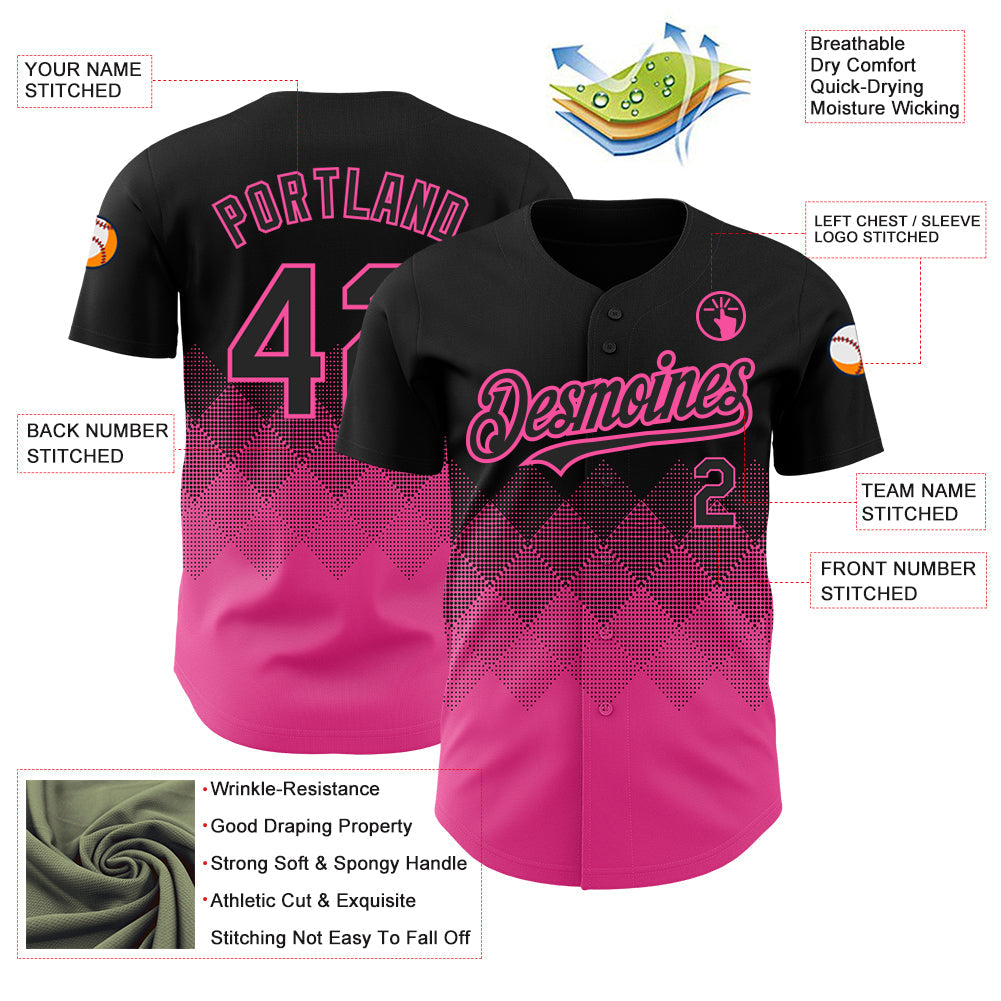 Custom Black Pink 3D Pattern Design Gradient Square Shapes Authentic Baseball Jersey - Sky-Custom