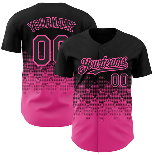 Custom Black Pink 3D Pattern Design Gradient Square Shapes Authentic Baseball Jersey - Sky-Custom