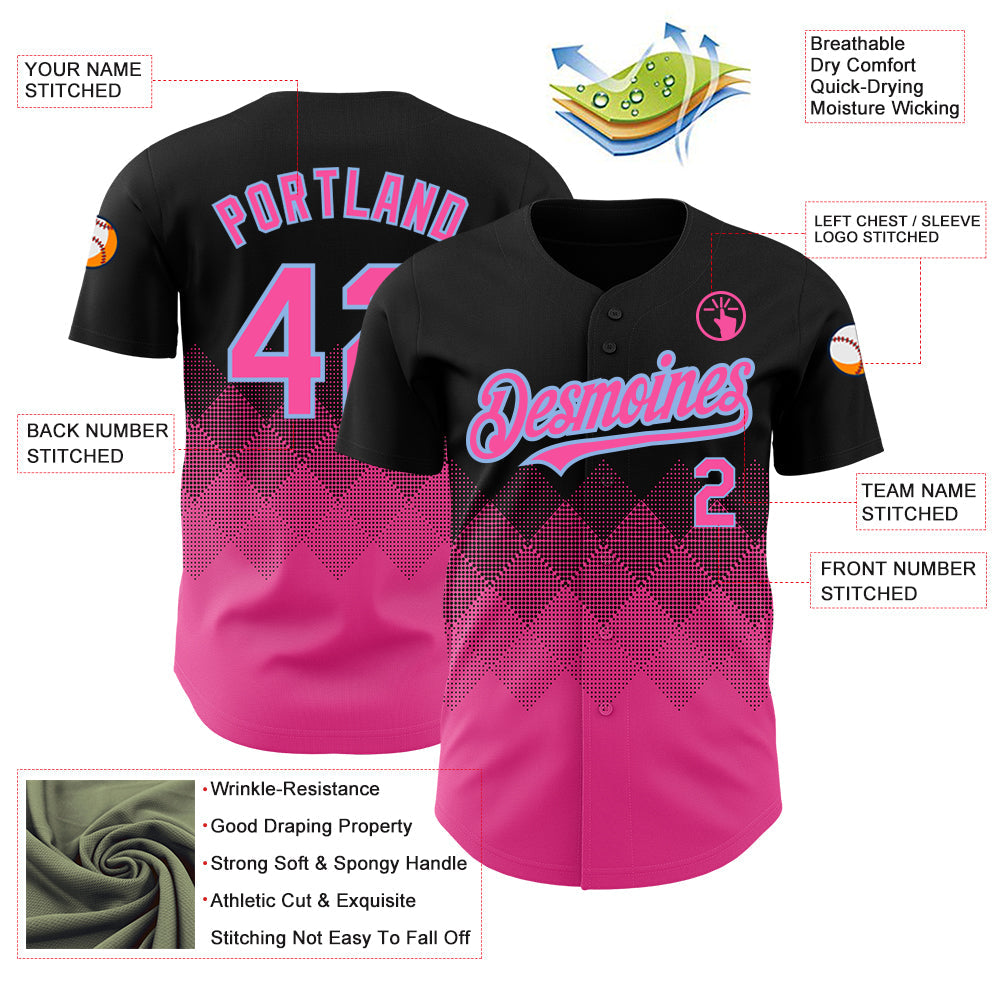 Custom Black Pink-Light Blue 3D Pattern Design Gradient Square Shapes Authentic Baseball Jersey - Sky-Custom