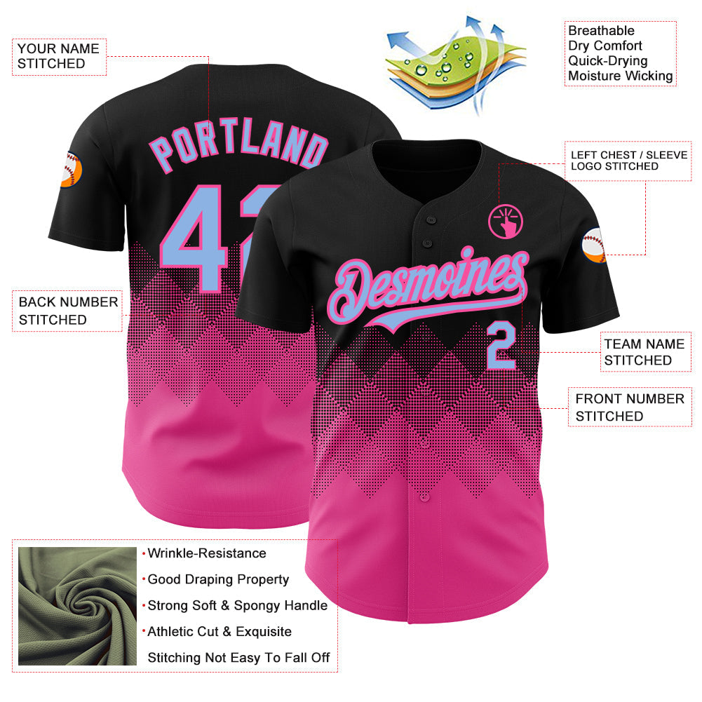 Custom Black Light Blue-Pink 3D Pattern Design Gradient Square Shapes Authentic Baseball Jersey - Sky-Custom