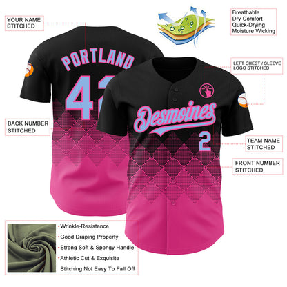 Custom Black Light Blue-Pink 3D Pattern Design Gradient Square Shapes Authentic Baseball Jersey - Sky-Custom