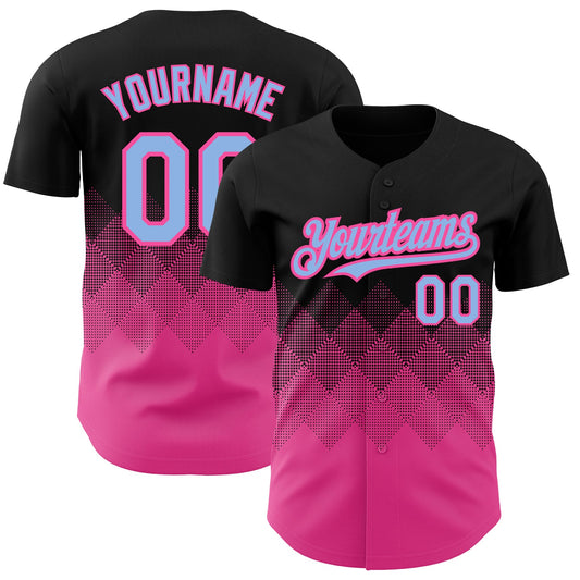 Custom Black Light Blue-Pink 3D Pattern Design Gradient Square Shapes Authentic Baseball Jersey - Sky-Custom