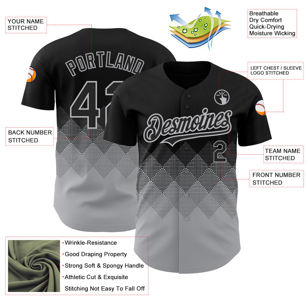Custom Black Gray 3D Pattern Design Gradient Square Shapes Authentic Baseball Jersey - Sky-Custom