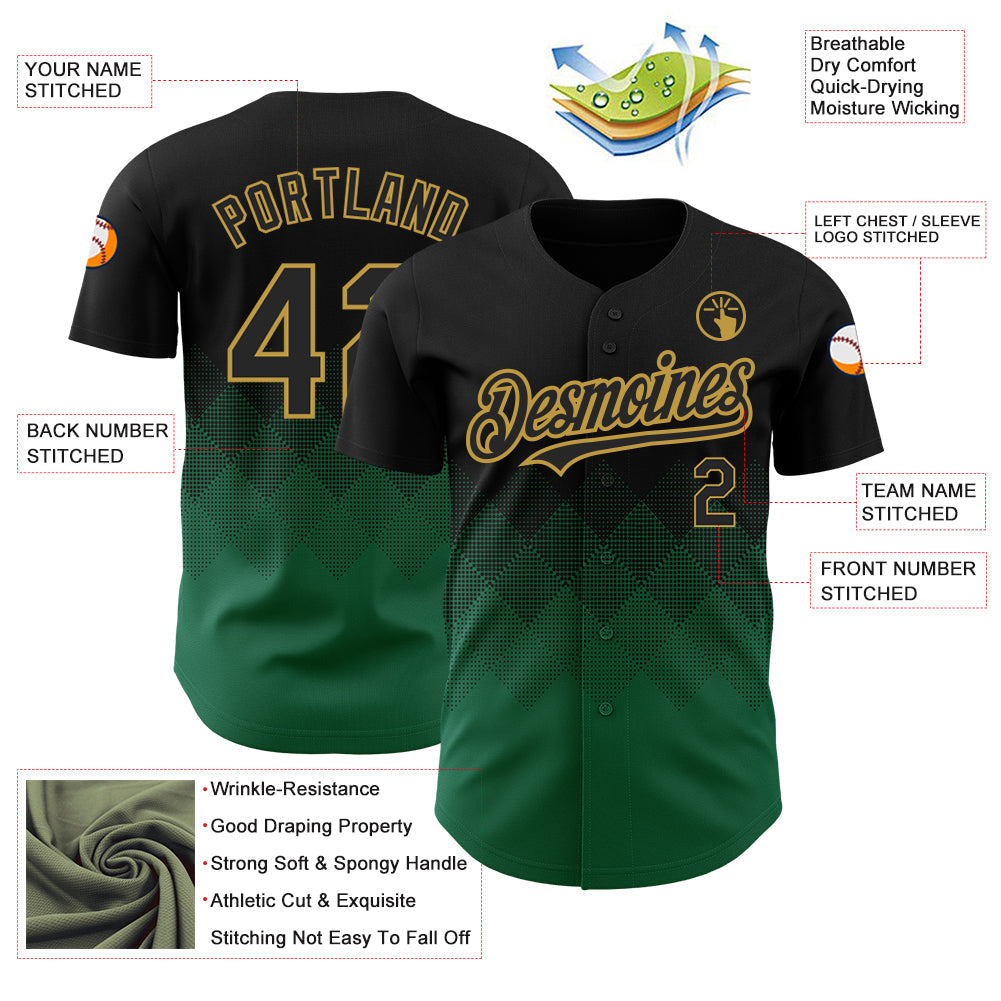 Custom Black Kelly Green-Old Gold 3D Pattern Design Gradient Square Shapes Authentic Baseball Jersey - Sky-Custom