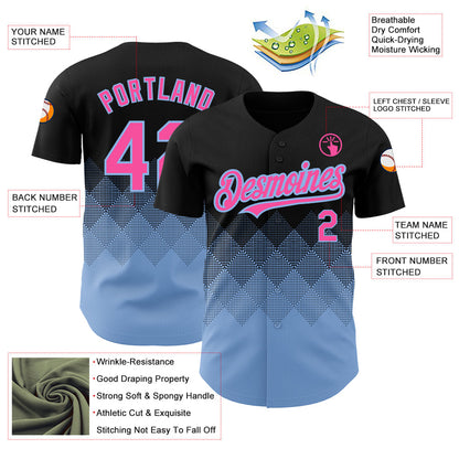 Custom Black Pink-Light Blue 3D Pattern Design Gradient Square Shapes Authentic Baseball Jersey - Sky-Custom