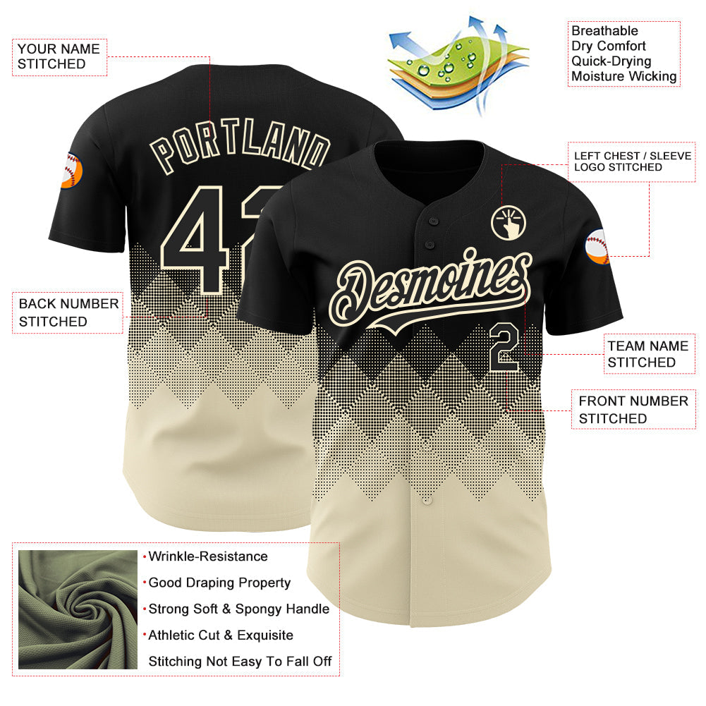 Custom Black Cream 3D Pattern Design Gradient Square Shapes Authentic Baseball Jersey - Sky-Custom