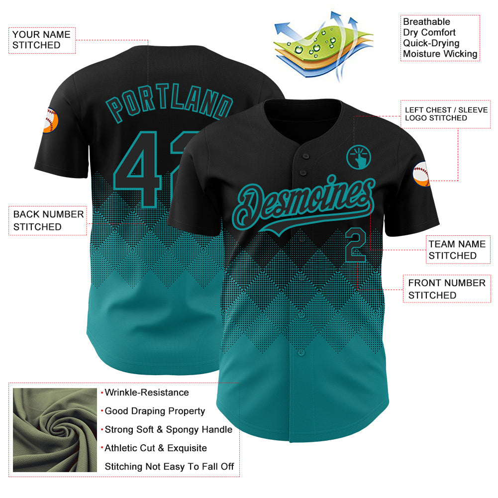 Custom Black Teal 3D Pattern Design Gradient Square Shapes Authentic Baseball Jersey - Sky-Custom