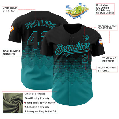Custom Black Teal 3D Pattern Design Gradient Square Shapes Authentic Baseball Jersey - Sky-Custom