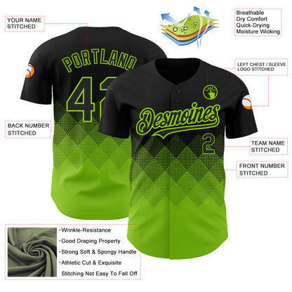 Custom Black Neon Green 3D Pattern Design Gradient Square Shapes Authentic Baseball Jersey - Sky-Custom