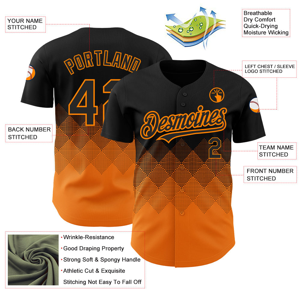 Custom Black Bay Orange 3D Pattern Design Gradient Square Shapes Authentic Baseball Jersey - Sky-Custom