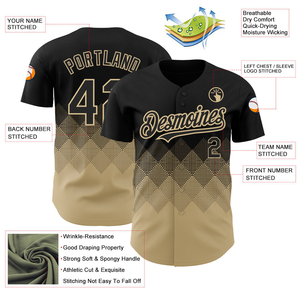Custom Black Vegas Gold 3D Pattern Design Gradient Square Shapes Authentic Baseball Jersey - Sky-Custom