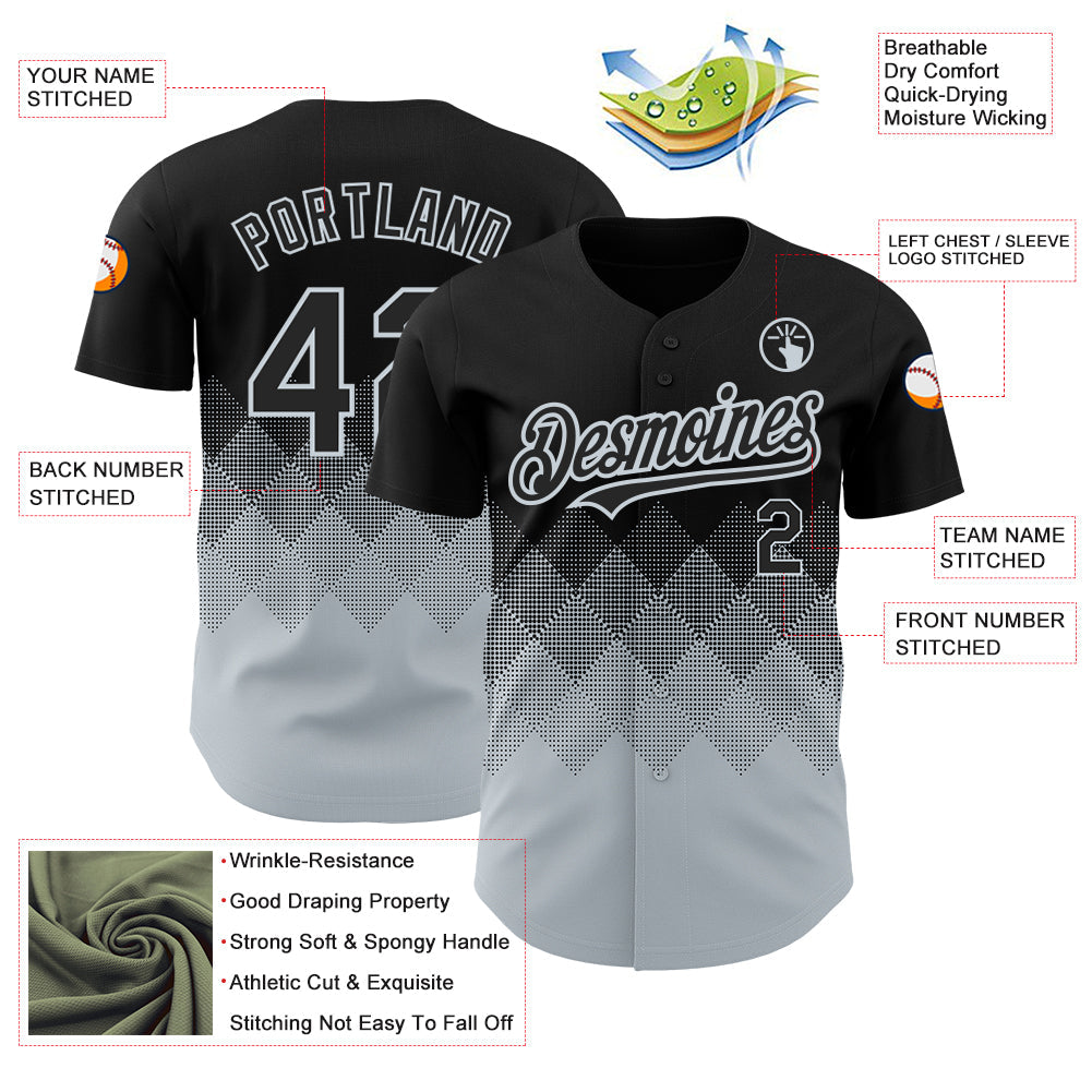 Custom Black Silver 3D Pattern Design Gradient Square Shapes Authentic Baseball Jersey - Sky-Custom