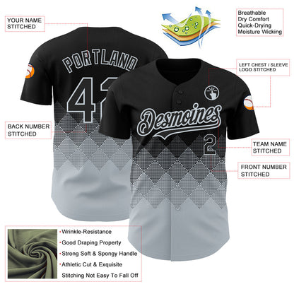 Custom Black Silver 3D Pattern Design Gradient Square Shapes Authentic Baseball Jersey - Sky-Custom