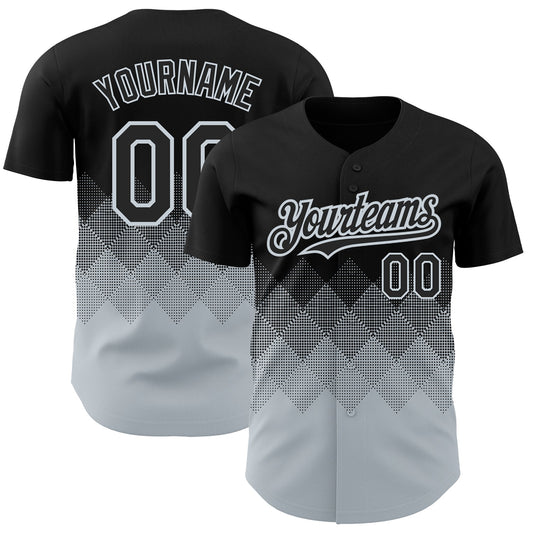 Custom Black Silver 3D Pattern Design Gradient Square Shapes Authentic Baseball Jersey - Sky-Custom