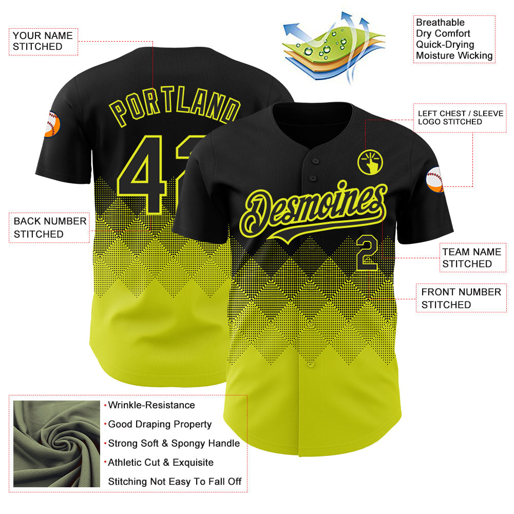 Custom Black Neon Yellow 3D Pattern Design Gradient Square Shapes Authentic Baseball Jersey - Sky-Custom