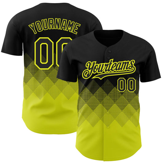 Custom Black Neon Yellow 3D Pattern Design Gradient Square Shapes Authentic Baseball Jersey - Sky-Custom