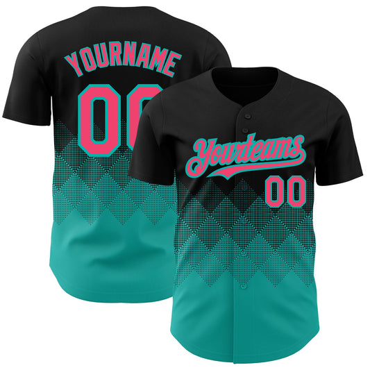 Custom Black Neon Pink-Aqua 3D Pattern Design Gradient Square Shapes Authentic Baseball Jersey - Sky-Custom