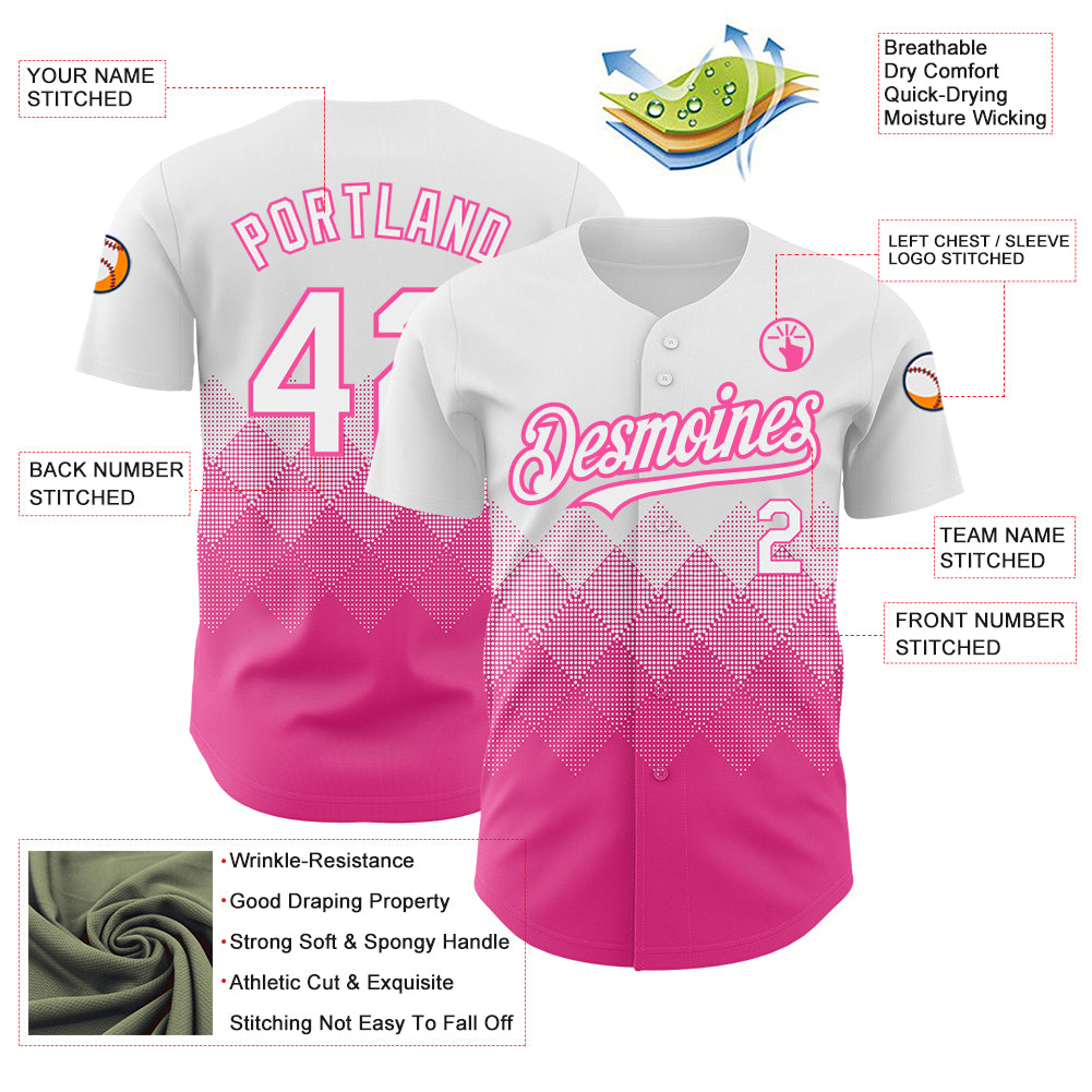 Custom White Pink 3D Pattern Design Gradient Square Shapes Authentic Baseball Jersey - Sky-Custom