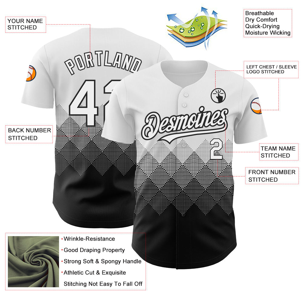 Custom White Black 3D Pattern Design Gradient Square Shapes Authentic Baseball Jersey - Sky-Custom