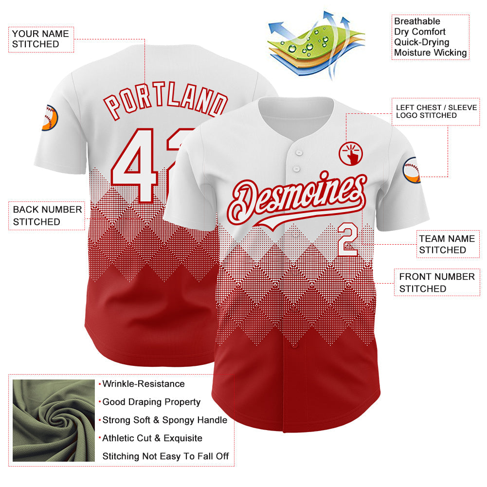 Custom White Red 3D Pattern Design Gradient Square Shapes Authentic Baseball Jersey - Sky-Custom