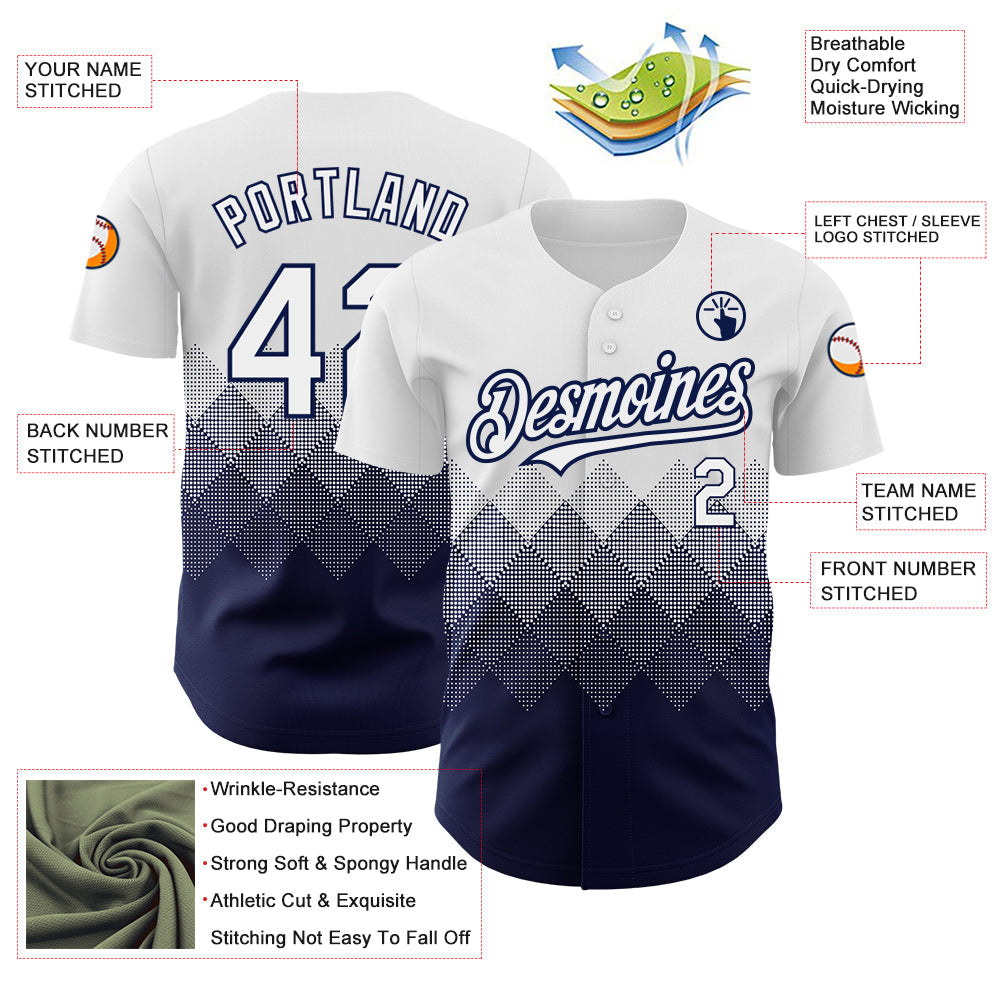Custom White Navy 3D Pattern Design Gradient Square Shapes Authentic Baseball Jersey - Sky-Custom