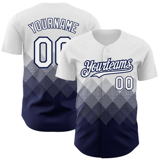 Custom White Navy 3D Pattern Design Gradient Square Shapes Authentic Baseball Jersey - Sky-Custom
