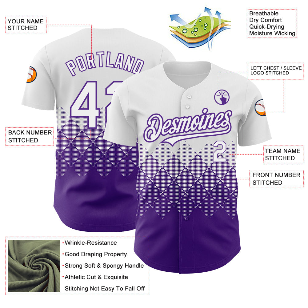 Custom White Purple 3D Pattern Design Gradient Square Shapes Authentic Baseball Jersey - Sky-Custom