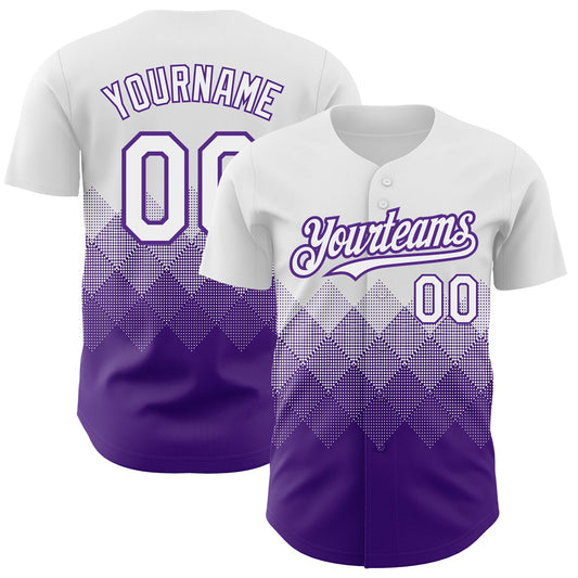 Custom White Purple 3D Pattern Design Gradient Square Shapes Authentic Baseball Jersey - Sky-Custom