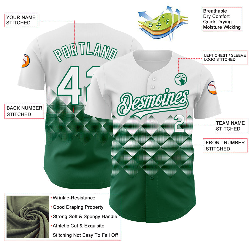 Custom White Kelly Green 3D Pattern Design Gradient Square Shapes Authentic Baseball Jersey - Sky-Custom