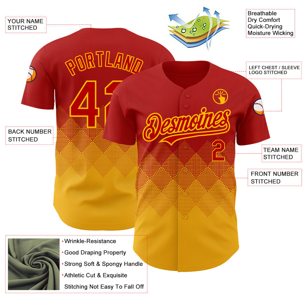Custom Red Gold 3D Pattern Design Gradient Square Shapes Authentic Baseball Jersey - Sky-Custom