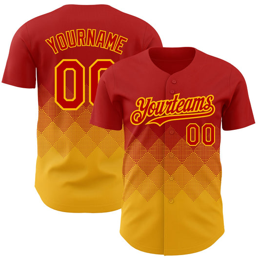 Custom Red Gold 3D Pattern Design Gradient Square Shapes Authentic Baseball Jersey - Sky-Custom