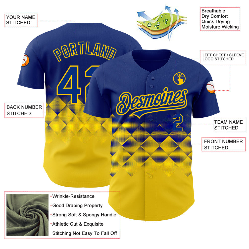 Custom Royal Yellow 3D Pattern Design Gradient Square Shapes Authentic Baseball Jersey - Sky-Custom