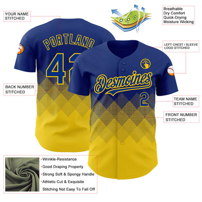 Custom Royal Yellow 3D Pattern Design Gradient Square Shapes Authentic Baseball Jersey - Sky-Custom