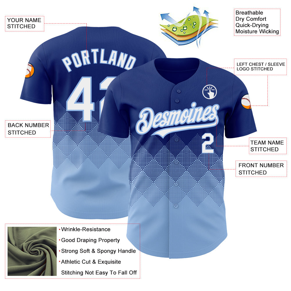 Custom Royal White-Light Blue 3D Pattern Design Gradient Square Shapes Authentic Baseball Jersey - Sky-Custom