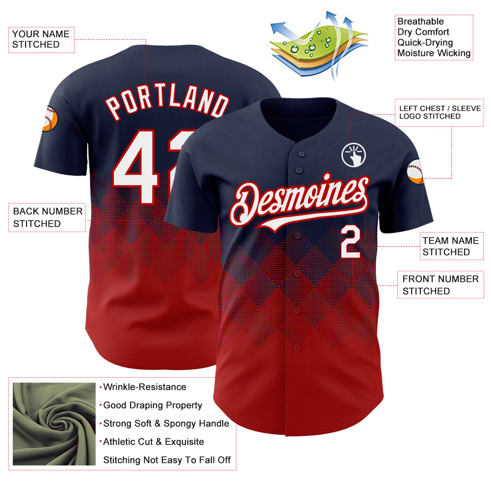 Custom Navy White-Red 3D Pattern Design Gradient Square Shapes Authentic Baseball Jersey - Sky-Custom