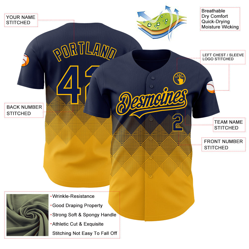 Custom Navy Gold 3D Pattern Design Gradient Square Shapes Authentic Baseball Jersey - Sky-Custom