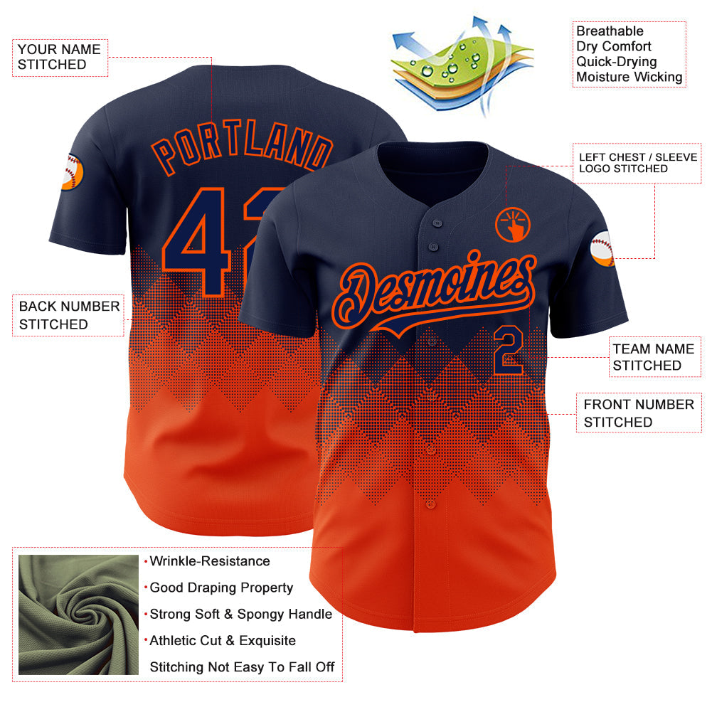 Custom Navy Orange 3D Pattern Design Gradient Square Shapes Authentic Baseball Jersey - Sky-Custom