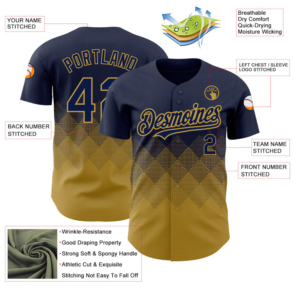 Custom Navy Old Gold 3D Pattern Design Gradient Square Shapes Authentic Baseball Jersey - Sky-Custom